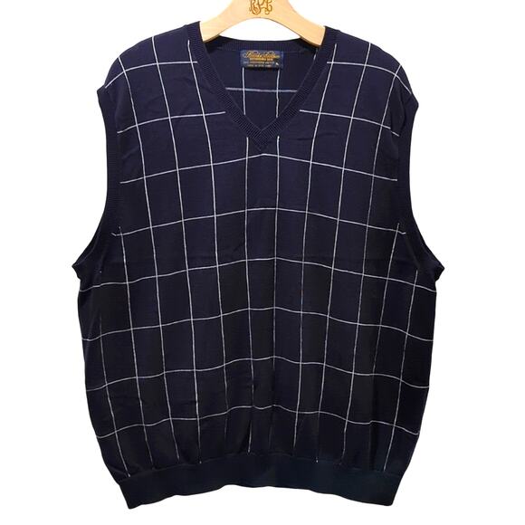 Brooks Brothers Mercerized Cotton Sweater Vest Men's XL Navy Blue Grid Pullover - Picture 1 of 8